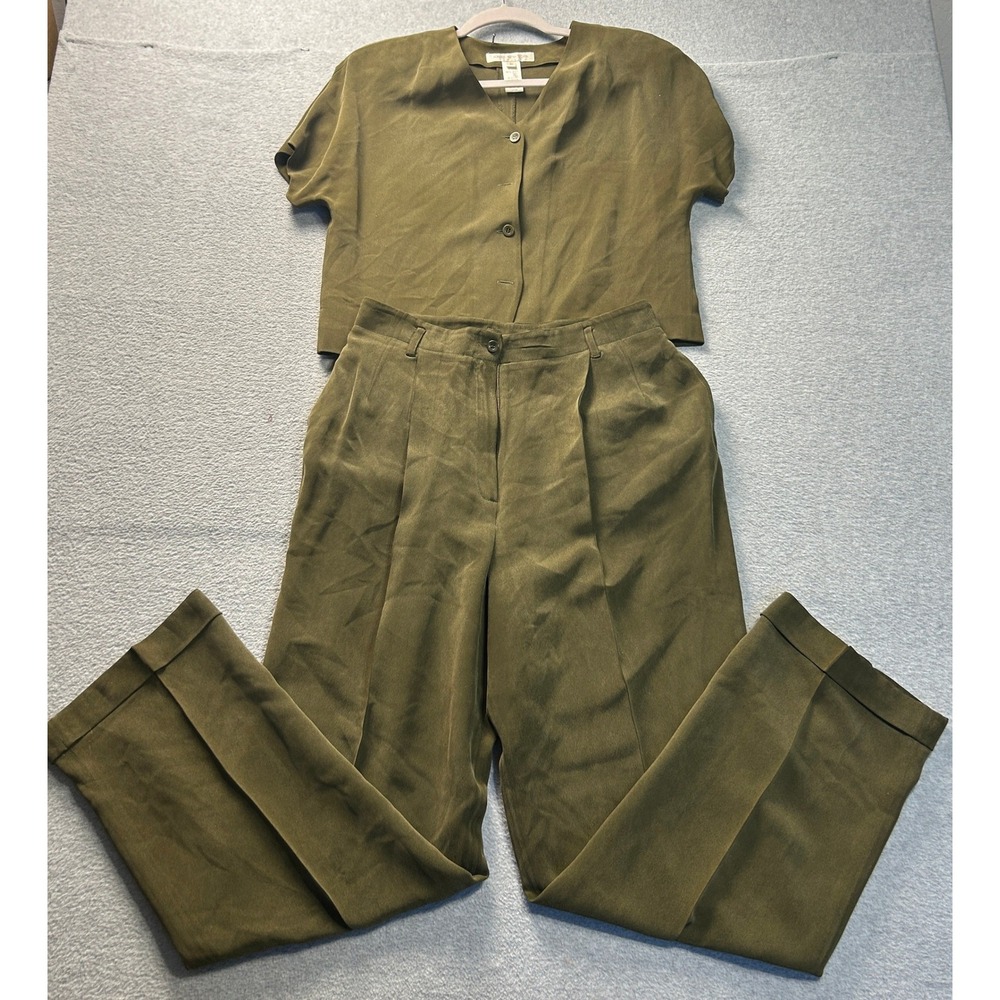 Jones New York 2 Piece Silk Pant Suit Womens Size 10 Olive Short Sleeve Set - Picture 1 of 13